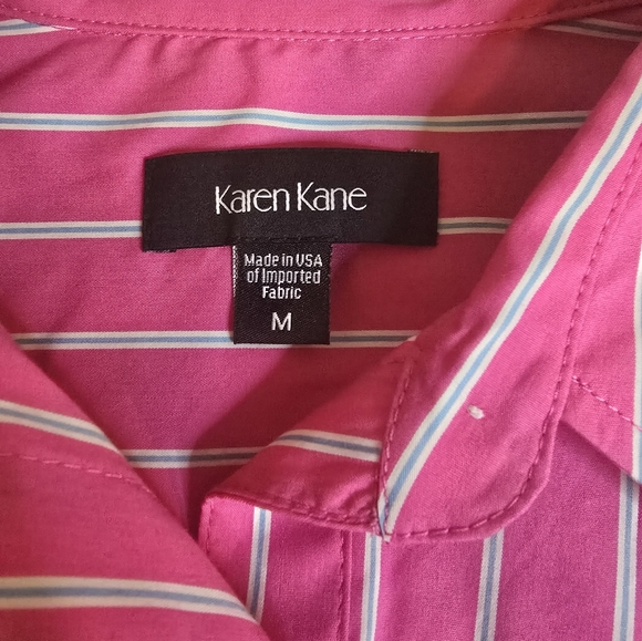 Karen Kane Tie Front Balloon Sleeve Stripes  Top Pink White Blue Sz Medium - Picture 7 of 10